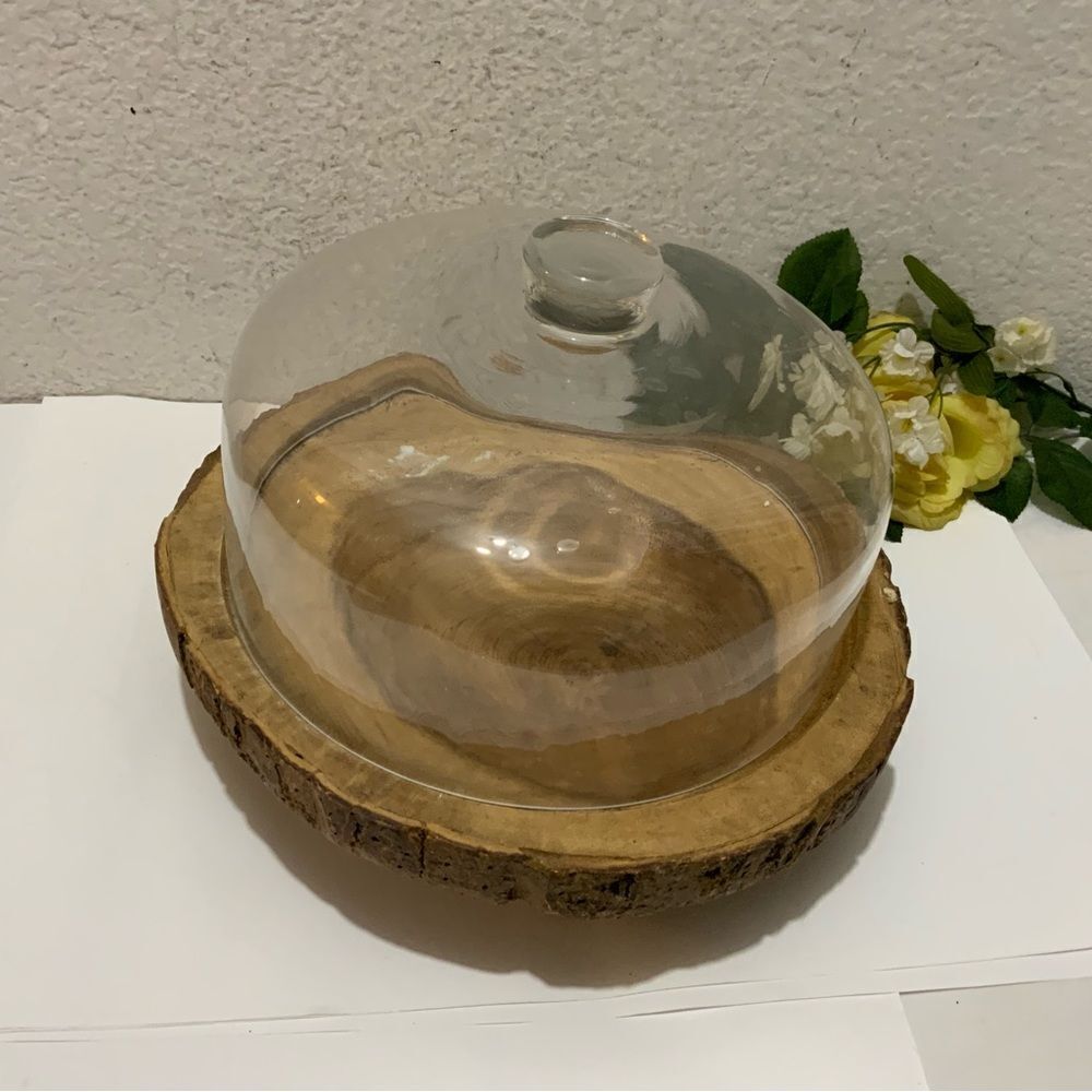 Rustic Wood Cake Stand 11” with Vintage Glass Dome